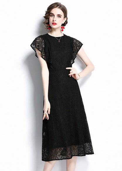 Women Black O Neck Hollow Out Patchwork Lace Dresses Batwing Sleeve LY7393 - fabuloryshop