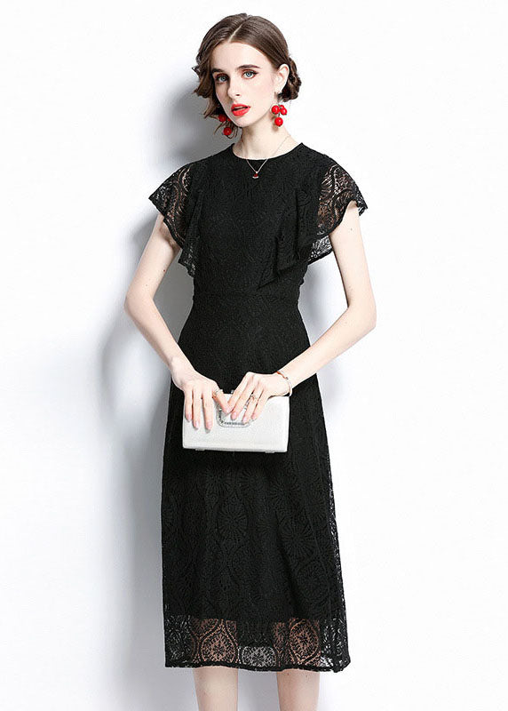 Women Black O Neck Hollow Out Patchwork Lace Dresses Batwing Sleeve LY7393 - fabuloryshop