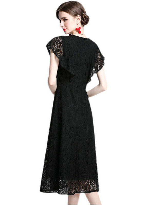 Women Black O Neck Hollow Out Patchwork Lace Dresses Batwing Sleeve LY7393 - fabuloryshop