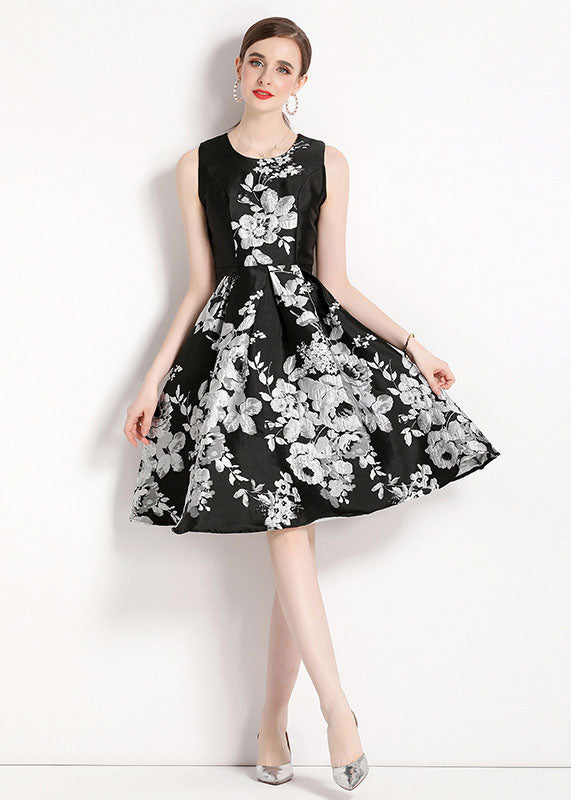 Women Black O Neck Jacquard Patchwork Chiffon Mid Dress Sleeveless LY7460 - fabuloryshop