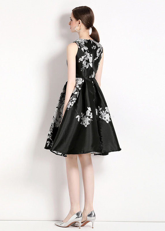 Women Black O Neck Jacquard Patchwork Chiffon Mid Dress Sleeveless LY7460 - fabuloryshop