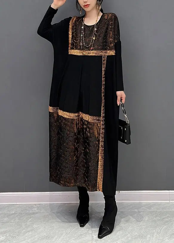 Women Black O Neck Organza Patchwork Cotton Dress Fall Ada Fashion