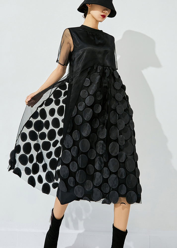 Women Black O-Neck Patchwork Dot Tulle Holiday Dress Summer LY0833 - fabuloryshop