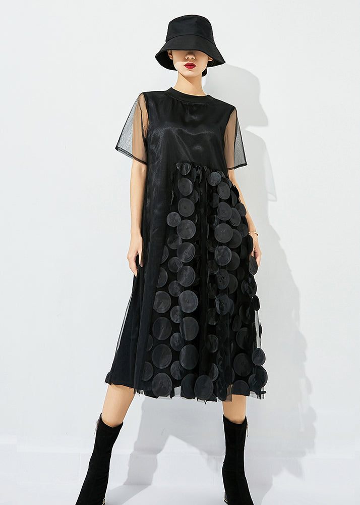 Women Black O-Neck Patchwork Dot Tulle Holiday Dress Summer LY0833
