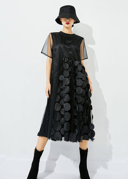 Women Black O-Neck Patchwork Dot Tulle Holiday Dress Summer LY0833 - fabuloryshop