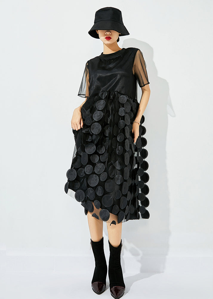 Women Black O-Neck Patchwork Dot Tulle Holiday Dress Summer LY0833