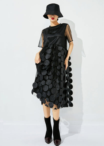 Women Black O-Neck Patchwork Dot Tulle Holiday Dress Summer LY0833 - fabuloryshop