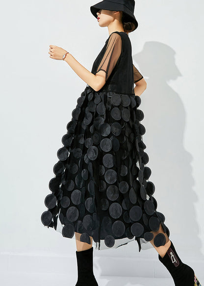 Women Black O-Neck Patchwork Dot Tulle Holiday Dress Summer LY0833 - fabuloryshop