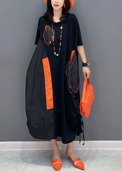 Women Black O-Neck Patchwork Drawstring Holiday Long Dress Short Sleeve LY6055 - fabuloryshop