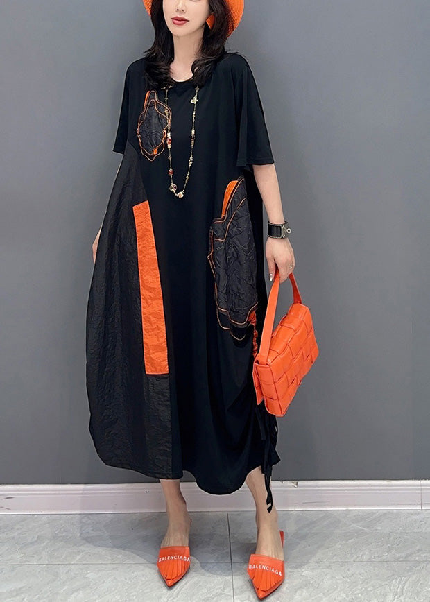 Women Black O-Neck Patchwork Drawstring Holiday Long Dress Short Sleeve LY6055 - fabuloryshop