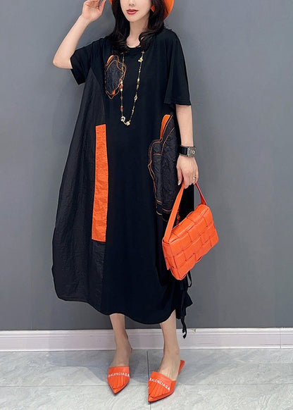 Women Black O-Neck Patchwork Drawstring Holiday Long Dress Short Sleeve LY6055 - fabuloryshop