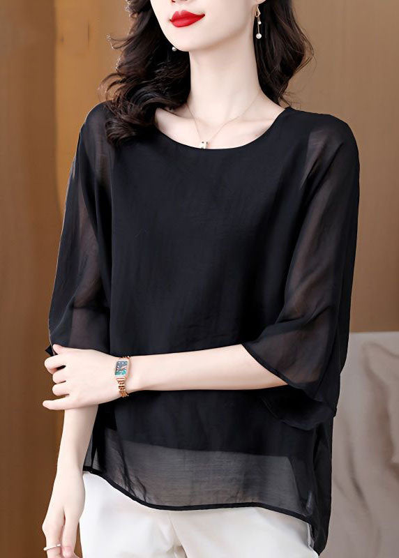 Women Black O Neck Patchwork Silk Tops Summer LY4596 - fabuloryshop