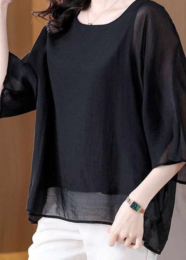 Women Black O Neck Patchwork Silk Tops Summer LY4596 - fabuloryshop