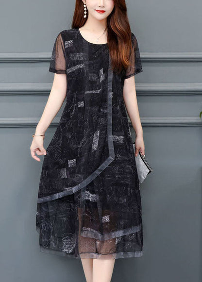 Women Black O-Neck Print Chiffon Holiday Dress Summer LC0069 - fabuloryshop