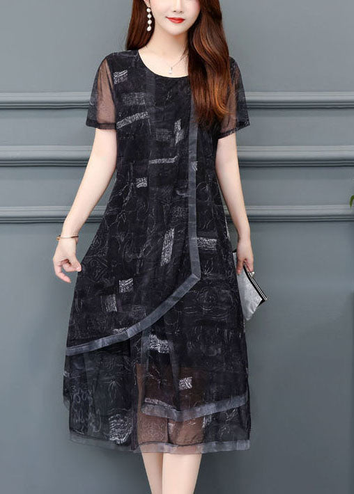 Women Black O-Neck Print Chiffon Holiday Dress Summer LC0069 - fabuloryshop