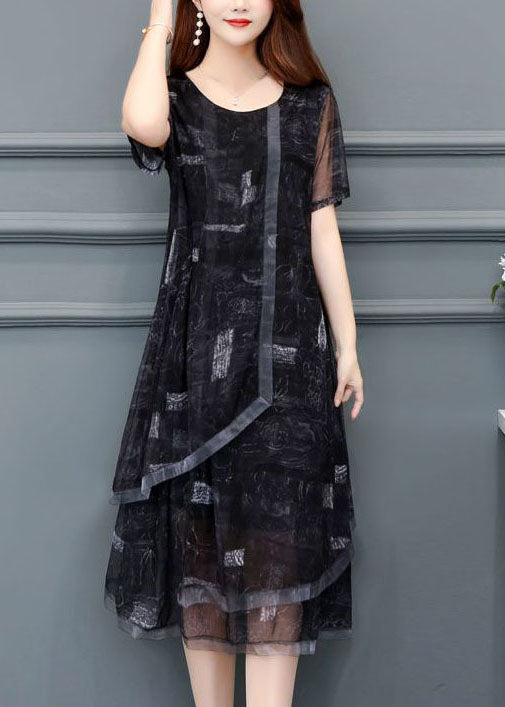 Women Black O-Neck Print Chiffon Holiday Dress Summer LC0069 - fabuloryshop