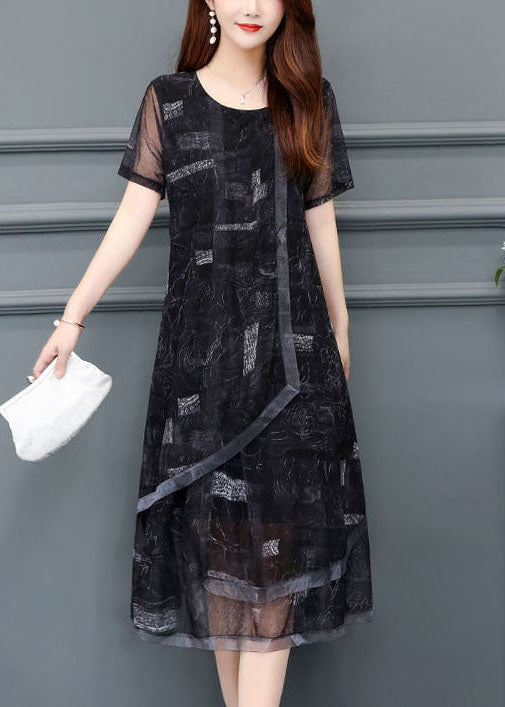 Women Black O-Neck Print Chiffon Holiday Dress Summer LC0069 - fabuloryshop