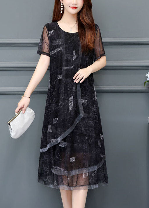 Women Black O-Neck Print Chiffon Holiday Dress Summer LC0069 - fabuloryshop