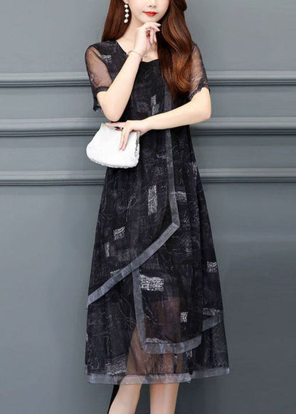 Women Black O-Neck Print Chiffon Holiday Dress Summer LC0069 - fabuloryshop