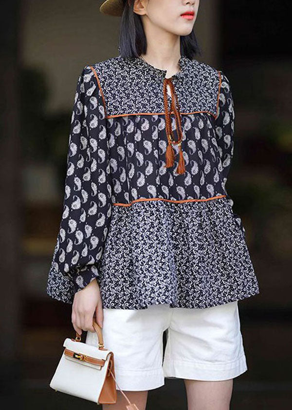 Women Black O Neck Print Patchwork Chiffon Blouses Spring LY3841 - fabuloryshop