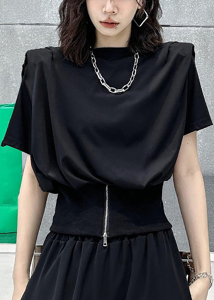 Women Black O-Neck Zip Up Patchwork Cotton T Shirt Top Summer Ada Fashion