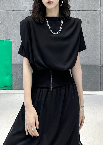 Women Black O-Neck Zip Up Patchwork Cotton T Shirt Top Summer Ada Fashion