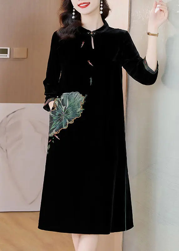 Women Black O-NeckPockets Button Silk Velour Long Dresses Bracelet Sleeve Ada Fashion