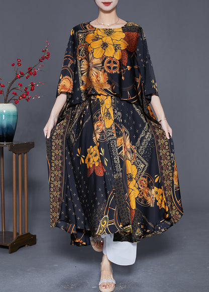 Women Black Oversized Print Silk Maxi Dresses Summer LY5592 - fabuloryshop