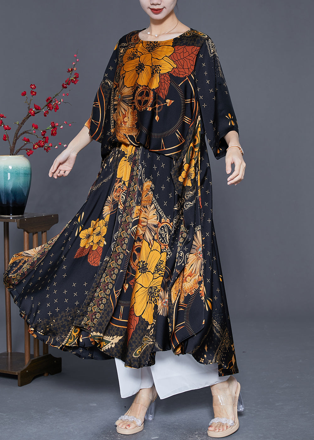 Women Black Oversized Print Silk Maxi Dresses Summer LY5592 - fabuloryshop