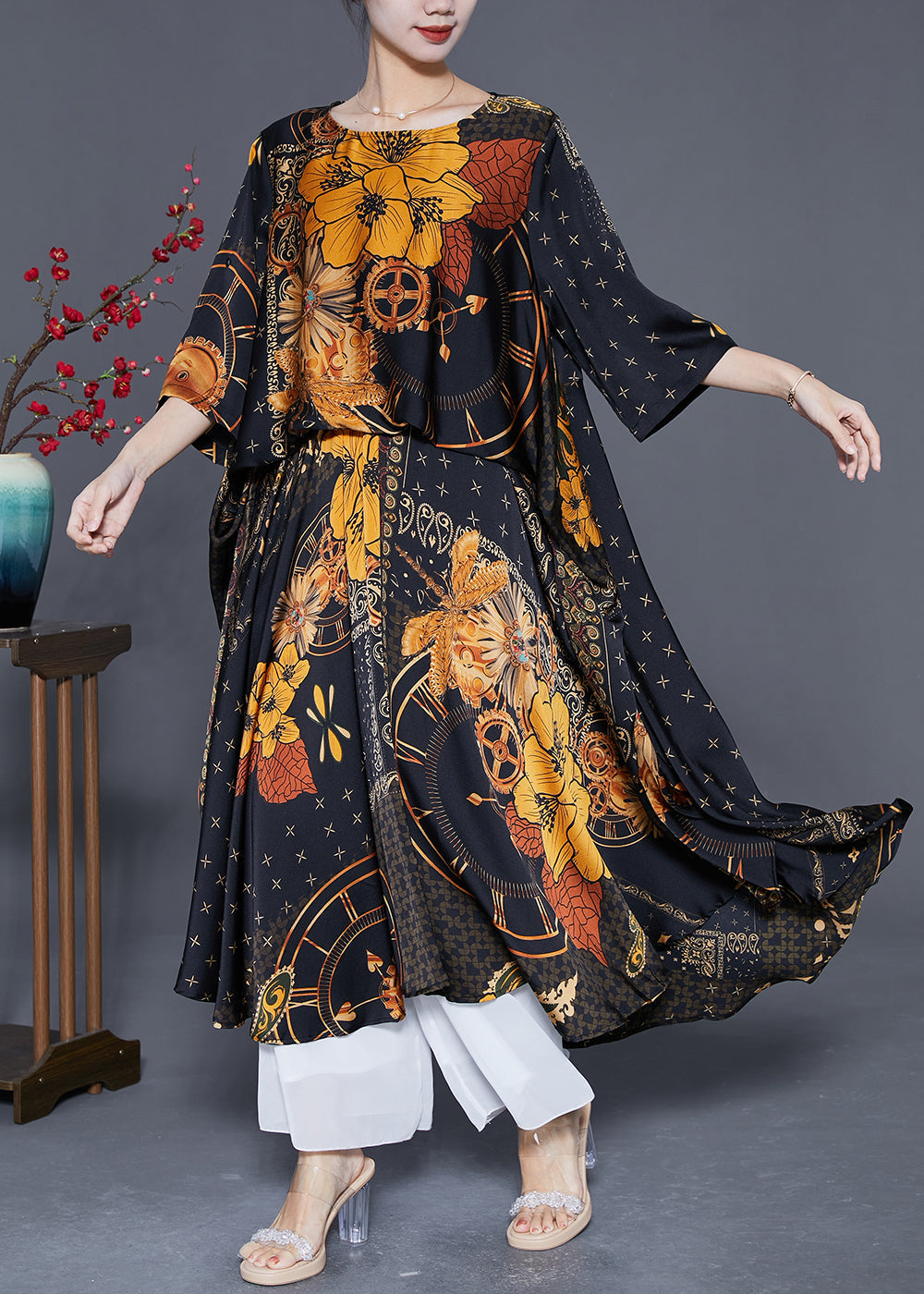 Women Black Oversized Print Silk Maxi Dresses Summer LY5592 - fabuloryshop