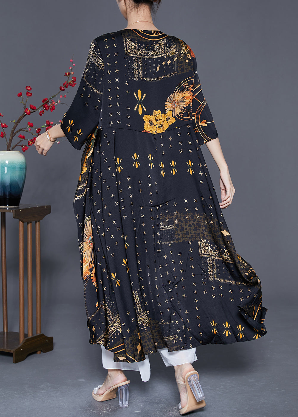 Women Black Oversized Print Silk Maxi Dresses Summer LY5592 - fabuloryshop