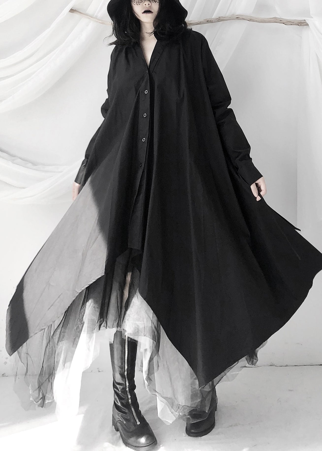 Women Black Peter Pan Collar Asymmetrical Tie Waist Long Shirts Dress Long Sleeve Ada Fashion