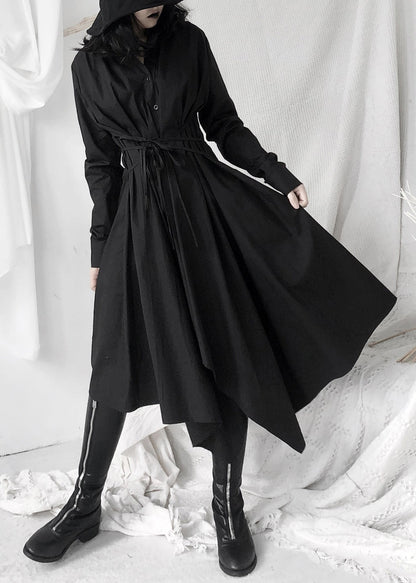 Women Black Peter Pan Collar Asymmetrical Tie Waist Long Shirts Dress Long Sleeve Ada Fashion