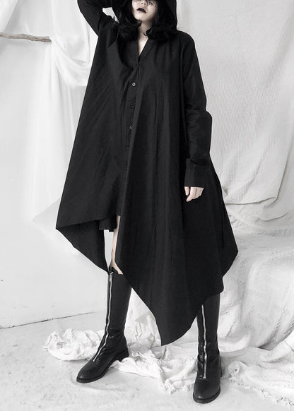 Women Black Peter Pan Collar Asymmetrical Tie Waist Long Shirts Dress Long Sleeve Ada Fashion