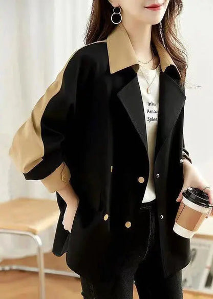 Women Black Peter Pan Collar Button Patchwork Cotton Coat Fall Ada Fashion