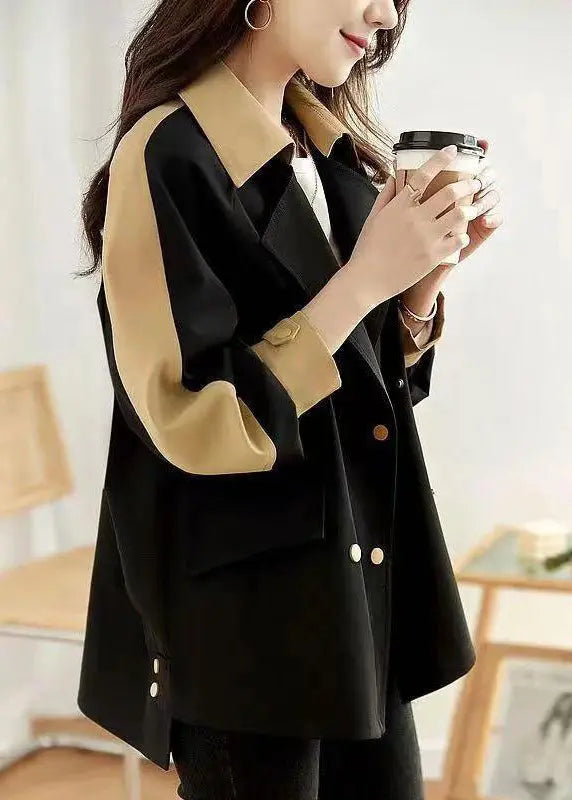 Women Black Peter Pan Collar Button Patchwork Cotton Coat Fall Ada Fashion