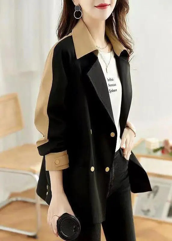 Women Black Peter Pan Collar Button Patchwork Cotton Coat Fall Ada Fashion