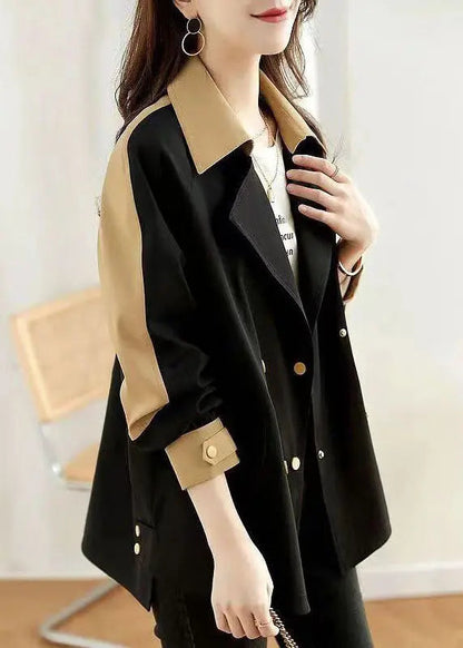 Women Black Peter Pan Collar Button Patchwork Cotton Coat Fall Ada Fashion