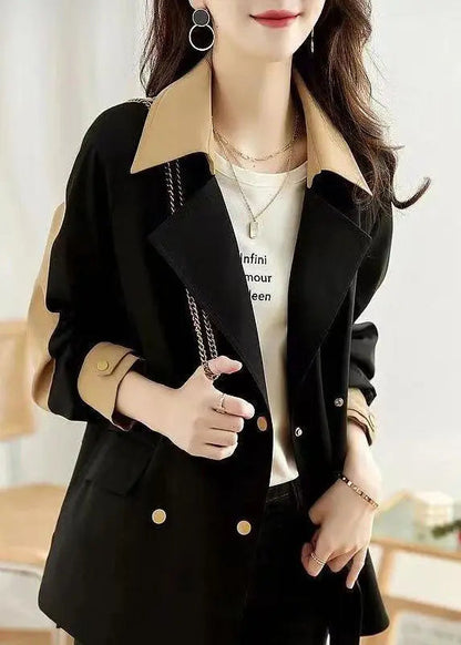 Women Black Peter Pan Collar Button Patchwork Cotton Coat Fall Ada Fashion