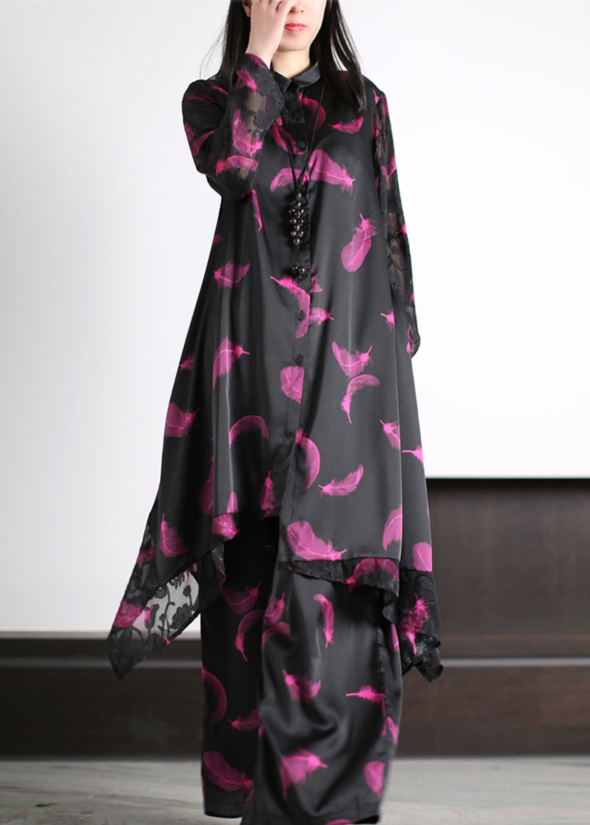 Women Black Peter Pan Collar Button Silk Maxi Shirts And Wide Leg Pants Two Piece Set Spring LY5196 - fabuloryshop