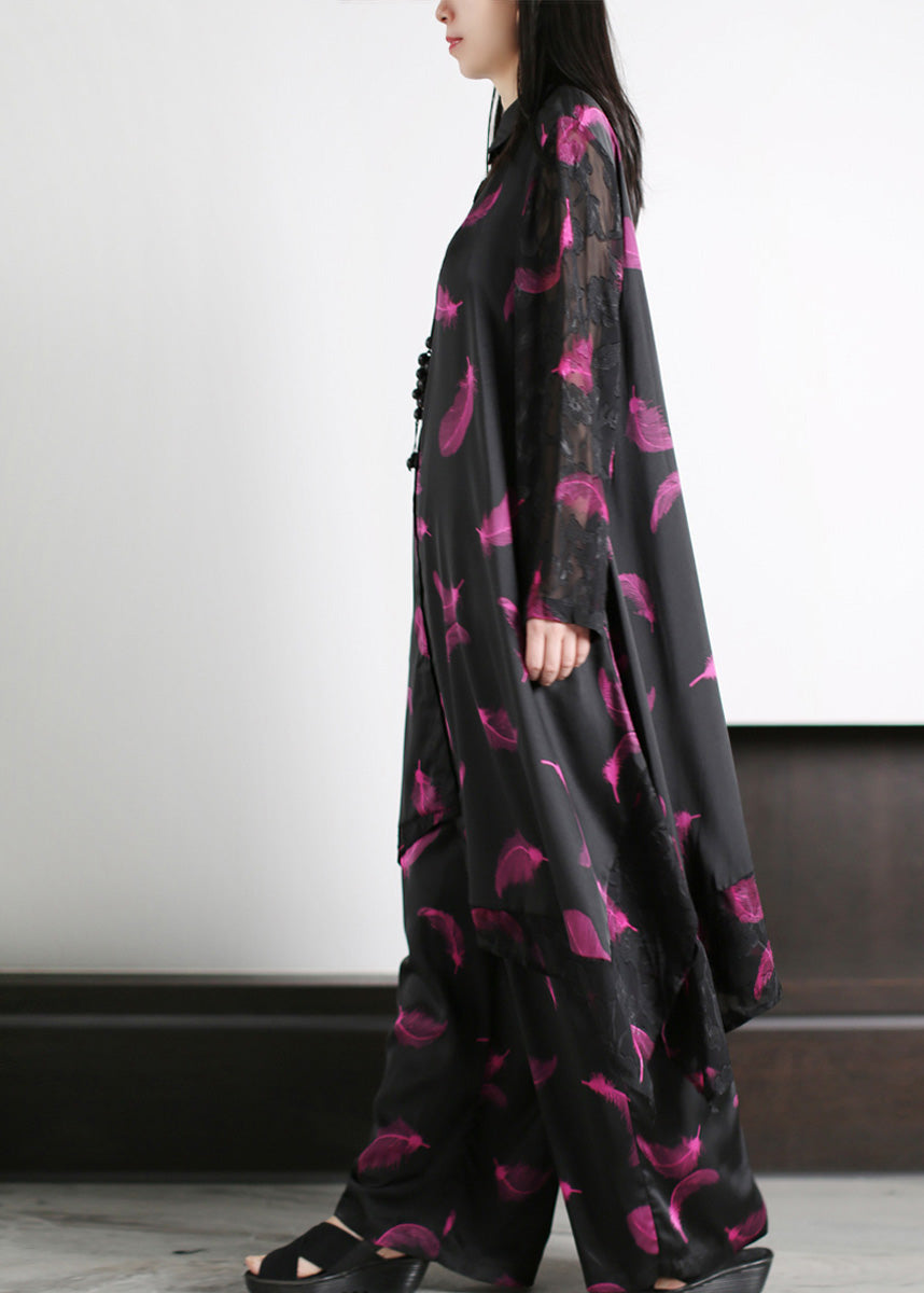 Women Black Peter Pan Collar Button Silk Maxi Shirts And Wide Leg Pants Two Piece Set Spring LY5196 - fabuloryshop