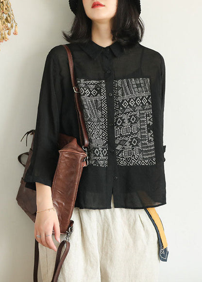 Women Black Peter Pan Collar Geometric Patchwork Linen Blouse Top Bracelet Sleeve LY6230 - fabuloryshop