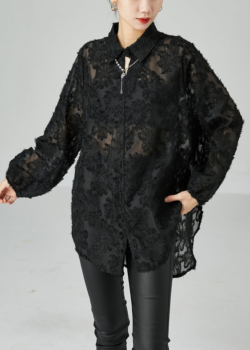 Women Black Peter Pan Collar Oversized Lace Long Shirts Summer LY2459 - fabuloryshop