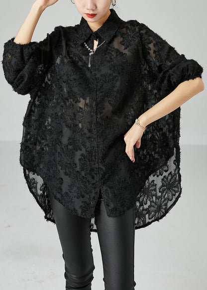 Women Black Peter Pan Collar Oversized Lace Long Shirts Summer LY2459 - fabuloryshop