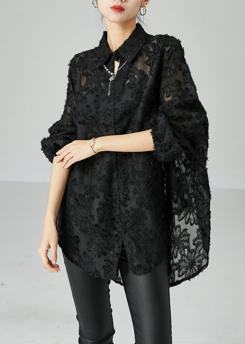 Women Black Peter Pan Collar Oversized Lace Long Shirts Summer LY2459 - fabuloryshop