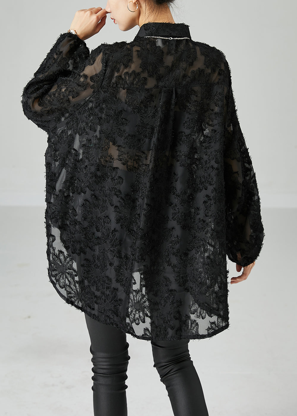 Women Black Peter Pan Collar Oversized Lace Long Shirts Summer LY2459 - fabuloryshop