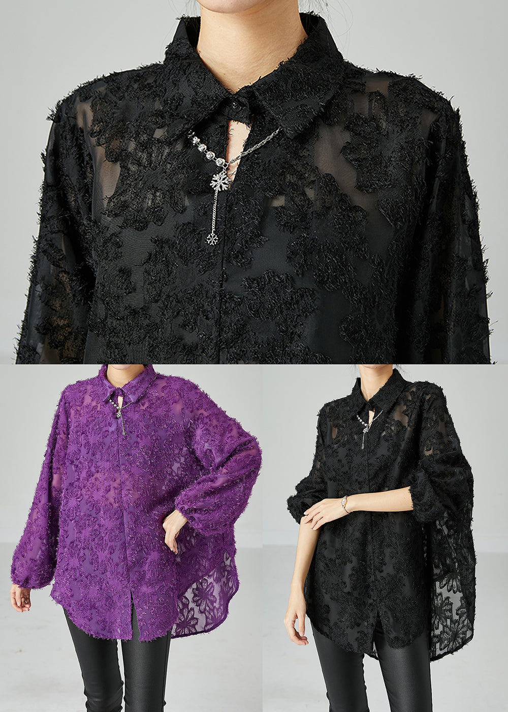 Women Black Peter Pan Collar Oversized Lace Long Shirts Summer LY2459 - fabuloryshop