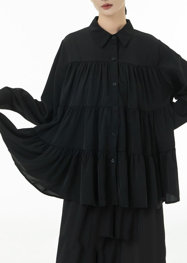 Women Black Peter Pan Collar Patchwork Wrinkled Cotton Blouses Spring LC0143 - fabuloryshop