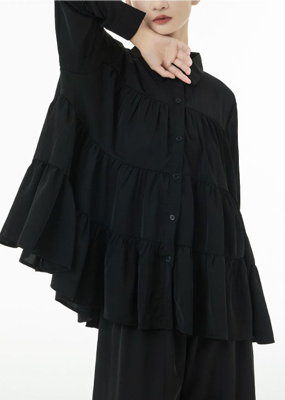 Women Black Peter Pan Collar Patchwork Wrinkled Cotton Blouses Spring LC0143 - fabuloryshop