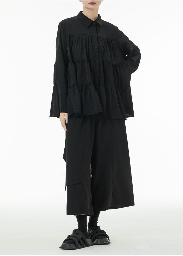 Women Black Peter Pan Collar Patchwork Wrinkled Cotton Blouses Spring LC0143 - fabuloryshop